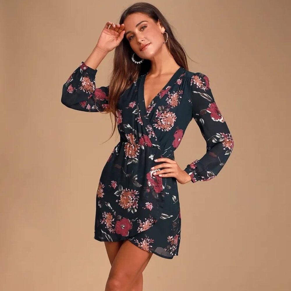 Lulu's Pretty Pretender Navy Floral Print Dress